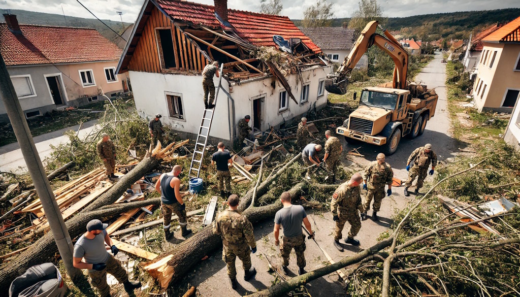 Kadett der Kroatischen Militärakademie hilft bei der Reparatur von Schäden nach Stürmen in der Gemeinde Bošnjaci